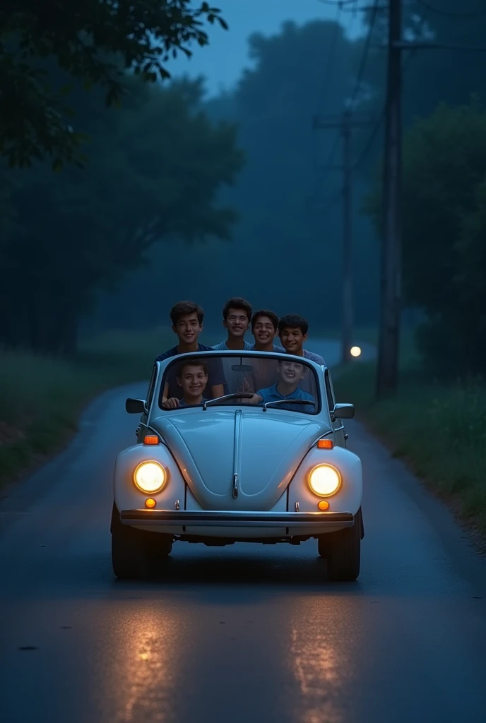 4 ladke jo ki ja rahe hai 4 wheeler white simple car se on road in night