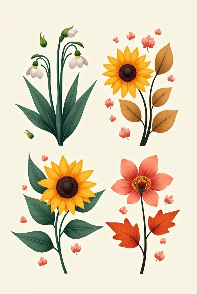 Four seasons icon: winter, summer, spring and autumn, vector illustration. Uses flowers of each season, semi-realistic flowers