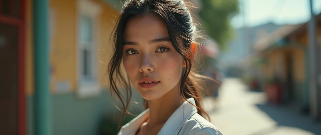/imagine prompt:A full-body portrait of a woman standing, captured with a Canon EOS R5, using a 50mm f/1.2 lens, in natural daylight. The image is highly detailed, showing realistic skin texture, with balanced, soft shadows and sharp focus on facial features. The background is slightly blurred, creating a shallow depth of field., Playful, Americana, Lithography, lower body shot, 2d platformer, High contrast, game item, harsh colors, Hackercore, vacuum tube lighting, UHD --ar 16:9