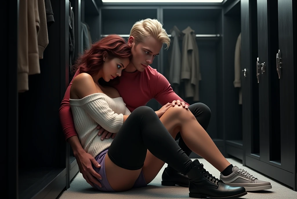 181 cm tall, 2 boyish male who has a lean svelte figure has short platinum blond layered hair with side swept bangs, blue eyes and Germanic-Icelandic features. The subject is wearing a red shirt, tight black pants and black boots laying supine as he's pinned underneath a 170 cm tall 2 woman as she sits on his hips. She has vibrant maroon wavy medium length layered parted to the side hair, light skin, fit figure, pale blue eyes, Caucasian-Mixed race features. She is wearing a white off shoulder sweater and lavender shorts, grey tennis shoes and has an annoyed expression. They are inside a black and silver giant walk in closet. Quality is photorealistic, cinematic.