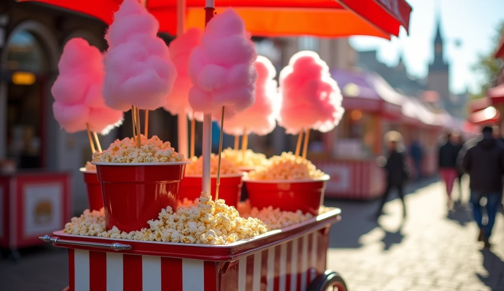 A vibrant photo of a classic red-and-white striped seller's cart filled with cotton candy on sticks and popcorn in bright red buckets. The cart is set on a cobblestone street at a lively fairground, with the sun shining brightly, highlighting the fluffy pink cotton candy and the overflowing popcorn buckets.