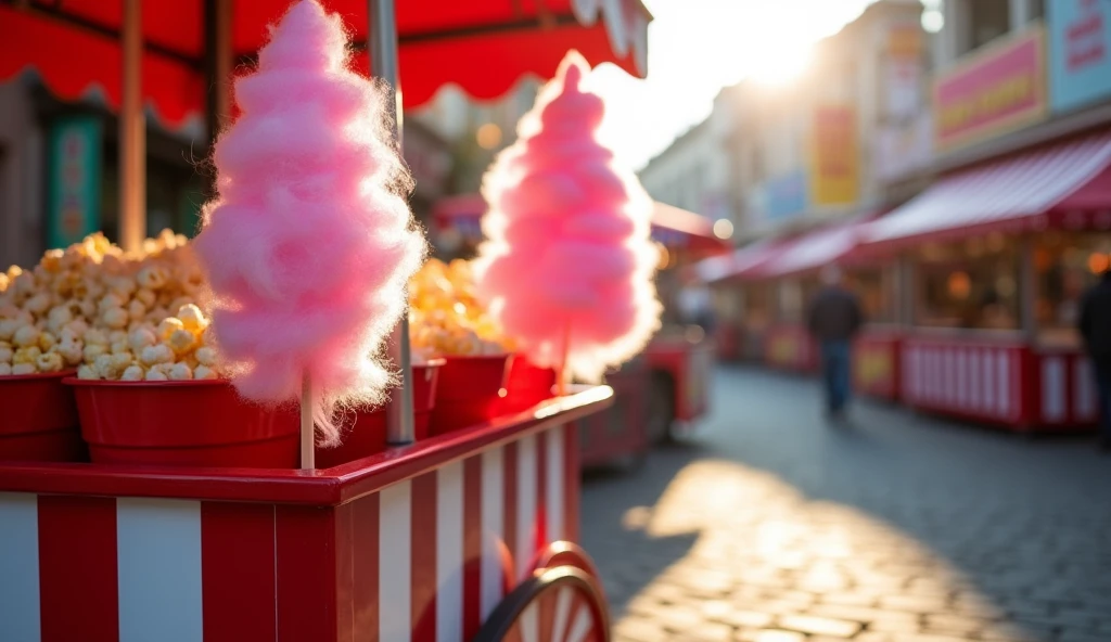 A vibrant photo of a classic red-and-white striped seller's cart filled with cotton candy on sticks and popcorn in bright red buckets. The cart is set on a cobblestone street at a lively fairground, with the sun shining brightly, highlighting the fluffy pink cotton candy and the overflowing popcorn buckets.