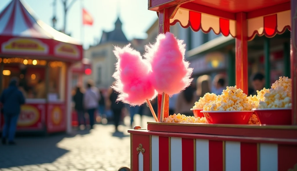 A vibrant photo of a classic red-and-white striped seller's cart filled with cotton candy on sticks and popcorn in bright red buckets. The cart is set on a cobblestone street at a lively fairground, with the sun shining brightly, highlighting the fluffy pink cotton candy and the overflowing popcorn buckets.
