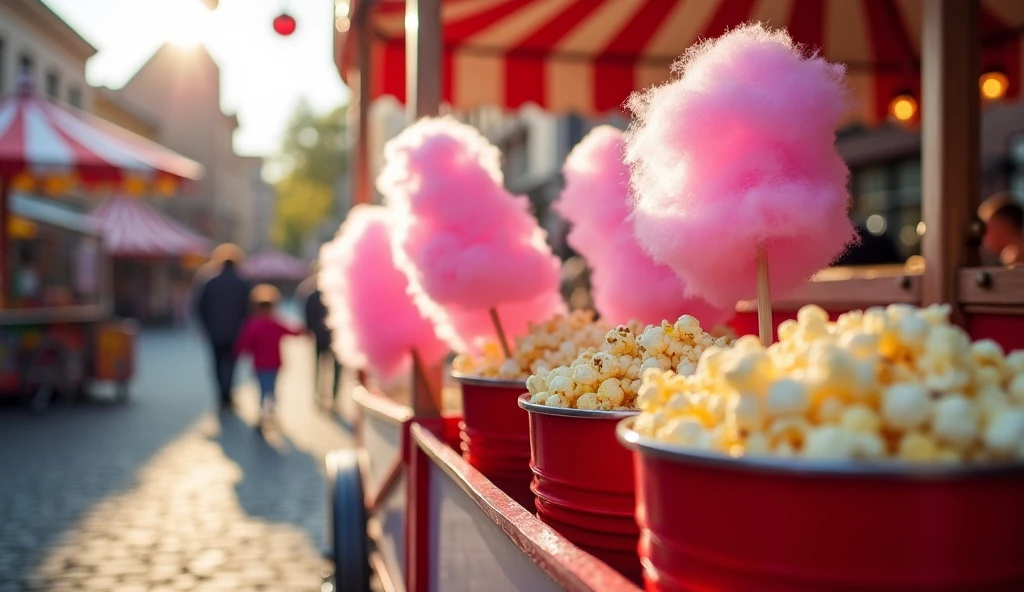 A vibrant photo of a classic red-and-white striped seller's cart filled with cotton candy on sticks and popcorn in bright red buckets. The cart is set on a cobblestone street at a lively fairground, with the sun shining brightly, highlighting the fluffy pink cotton candy and the overflowing popcorn buckets.