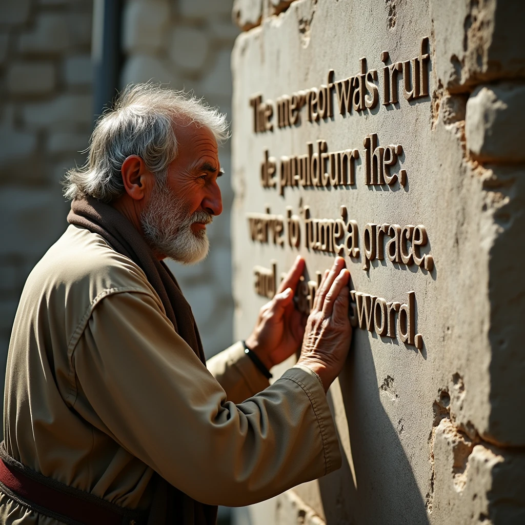 A person carving a message into a stone wall, their hands worn and calloused. The message reads: "The good news of God's grace." The person stands back, admiring their work, knowing that their legacy will endure for generations to come.