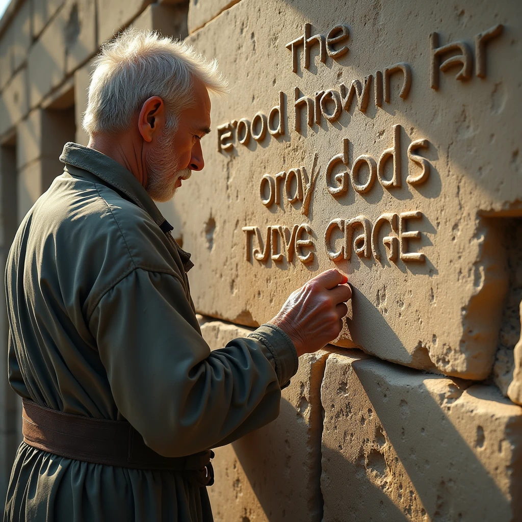 A person carving a message into a stone wall, their hands worn and calloused. The message reads: "The good news of God's grace." The person stands back, admiring their work, knowing that their legacy will endure for generations to come.