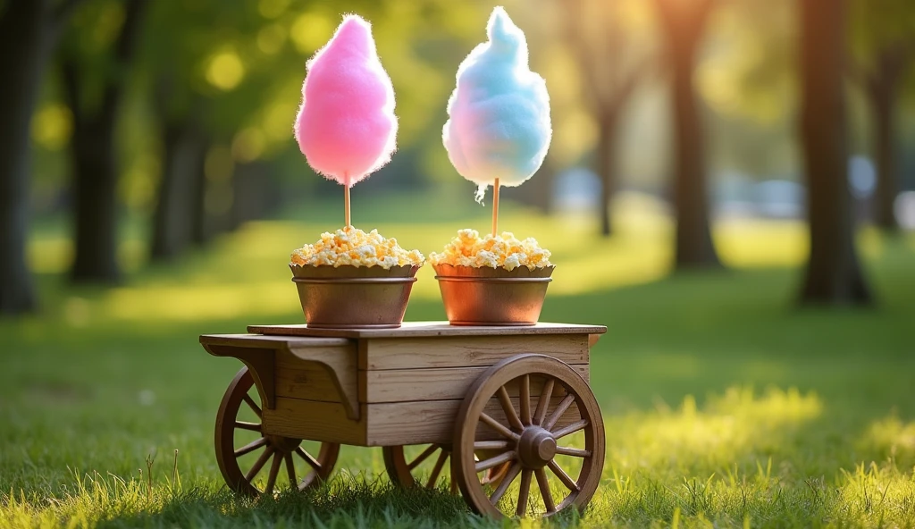 A close-up photo of a quaint wooden cart with pastel-colored cotton candy on sticks and golden popcorn in rustic paper buckets. The cart is parked in a serene park, surrounded by lush greenery. The soft morning light enhances the delicate texture of the cotton candy and the buttery sheen of the popcorn.
