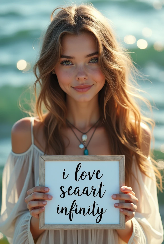 Beautiful girl with wavy long hair, bohemian dress, holding a white board with text "I Love Seaart Infinity" and showing it to the viewer