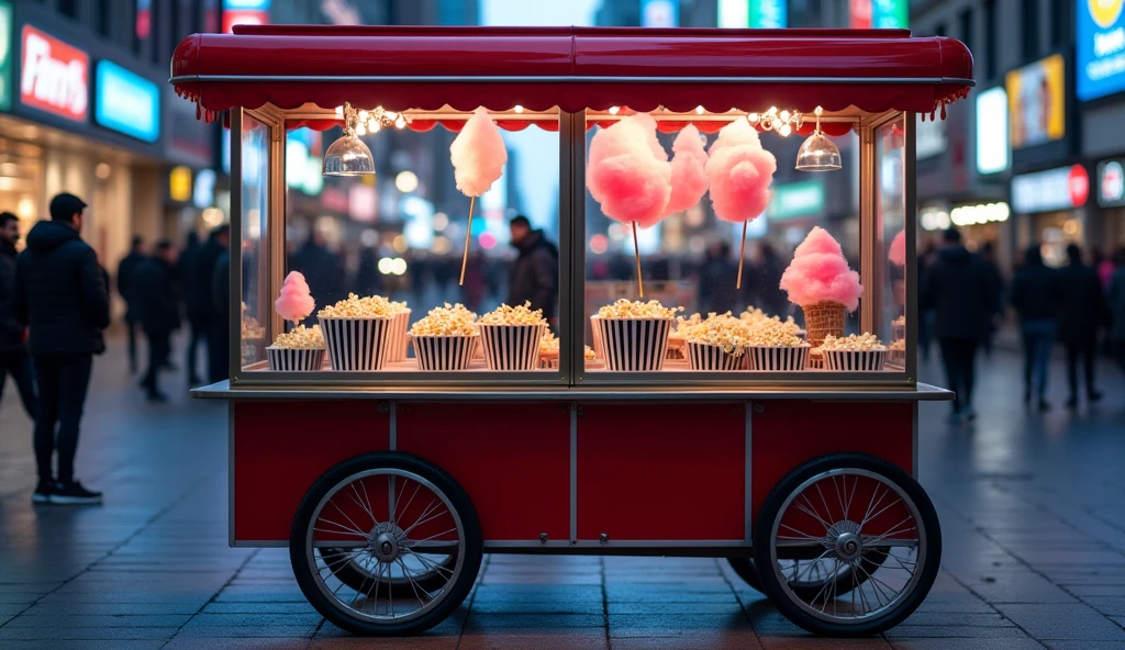 A modern, sleek seller's cart with glass display cases showing off perfectly spun cotton candy on sticks and popcorn in stylish black and white striped buckets. The cart is set against the backdrop of a busy city street, with neon lights reflecting off its polished surface, adding a vibrant, urban feel.