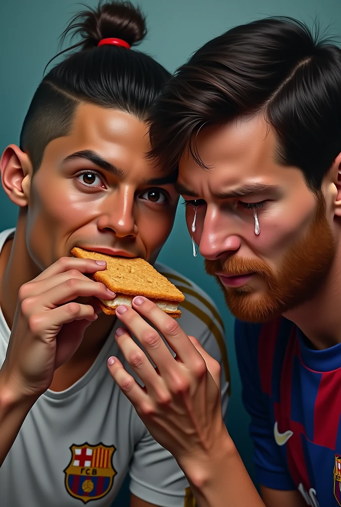 Cristiano Ronaldo eating an alfajor, Messi crying 