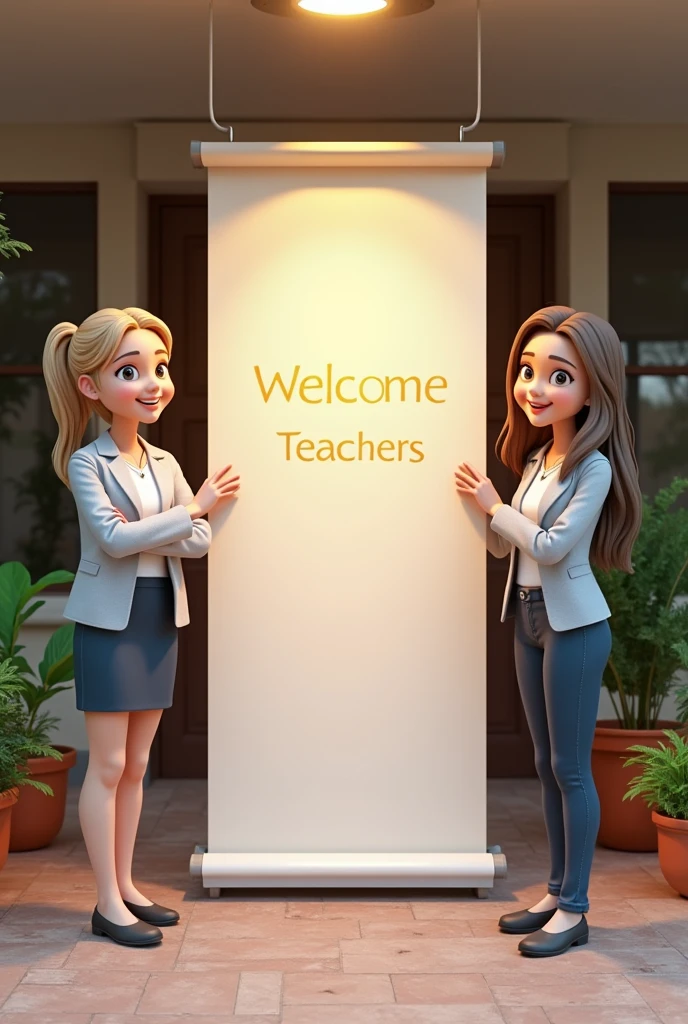 An image with 3 school teachers standing on both side of a banner saying we welcome you.