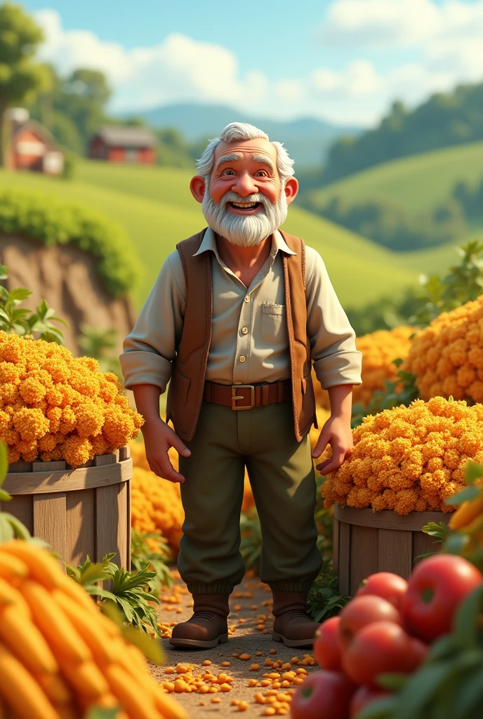 (photorealism:1.2), beautiful Generte in cinematic 3d cartoon style in the Abundant Harvest**: A rich and bountiful harvest of crops, with the farmer old man standing proudly beside large bundles of produce, showcasing the result of his hard work.