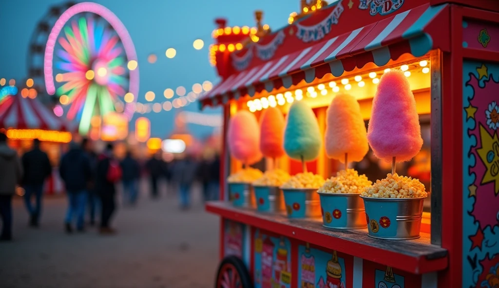 A carnival-themed cart adorned with bright, playful patterns, featuring colorful cotton candy on sticks and large buckets of golden popcorn. The cart is positioned under the warm glow of string lights at a bustling fair, with a Ferris wheel softly blurred in the background, creating a lively, festive atmosphere.