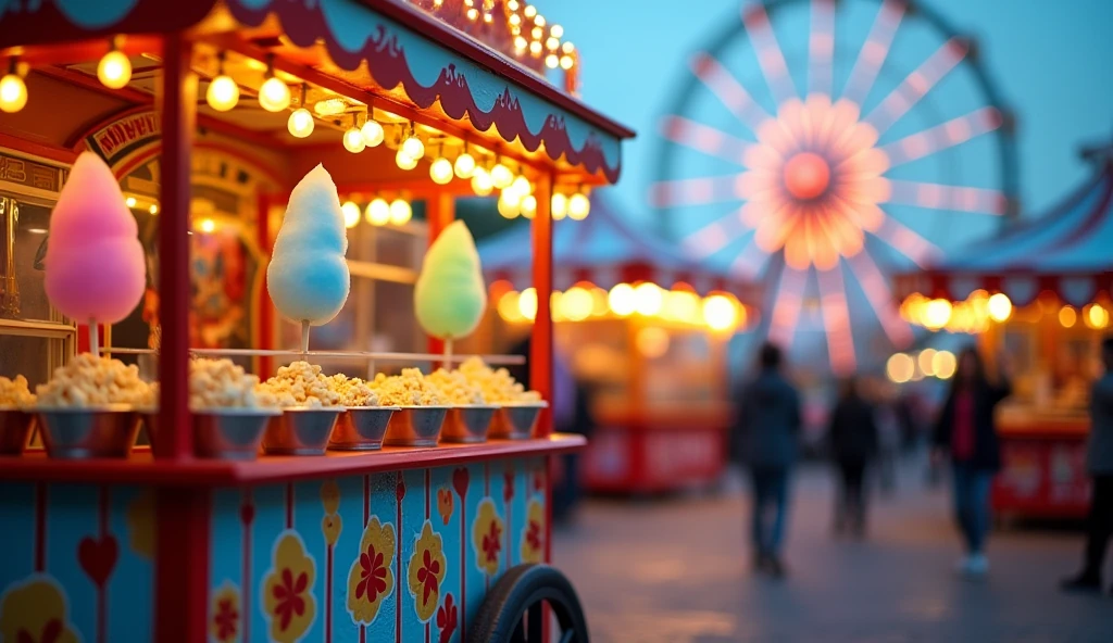 A carnival-themed cart adorned with bright, playful patterns, featuring colorful cotton candy on sticks and large buckets of golden popcorn. The cart is positioned under the warm glow of string lights at a bustling fair, with a Ferris wheel softly blurred in the background, creating a lively, festive atmosphere.