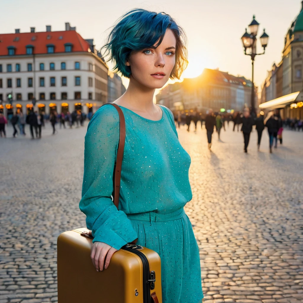 (((Woman, 20 Years Old, Nordic Ethnicity, short blue hair, perfect face, light freckles, Blue-Green Eyes))), (((standing confidently in a bustling city square in Leipzig at sunset, full body visible))). ((Wearing a chic, fashionable outfit, with a look of excitement and wonder on her face, as she takes in her new surroundings)). ((Her short blue hair and outfit slightly tousled by a soft breeze)). (((Sunset lighting casting a warm, golden glow on her entire figure, creating long shadows on the cobblestone square))). (Background includes iconic Leipzig architecture, street lamps, and lively people, all bathed in the warm light of the setting sun). (((She stands with a suitcase beside her, symbolizing her arrival and excitement))). (((Color palette - turquoise, neon green, yellow shades))), (best quality, 8k, masterpiece, ultra-detailed, photorealistic, sunset lighting, sharp focus, full body).