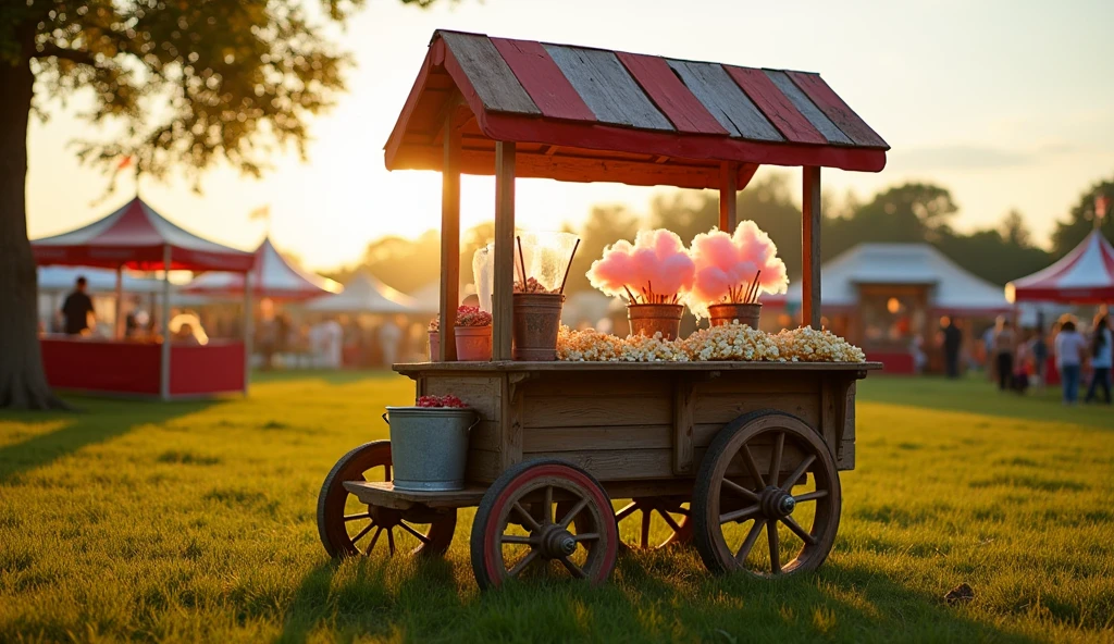 A rustic wooden cart with a canopy, displaying cotton candy on sticks and popcorn in vintage-style metal buckets. The cart is set in a grassy field at a country fair, with late afternoon sunlight casting a golden hue over the scene, highlighting the nostalgic and cozy vibe of the setting.
