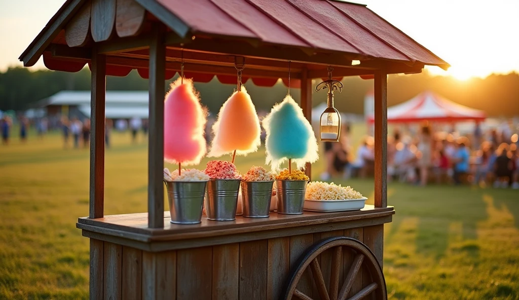 A rustic wooden cart with a canopy, displaying cotton candy on sticks and popcorn in vintage-style metal buckets. The cart is set in a grassy field at a country fair, with late afternoon sunlight casting a golden hue over the scene, highlighting the nostalgic and cozy vibe of the setting.