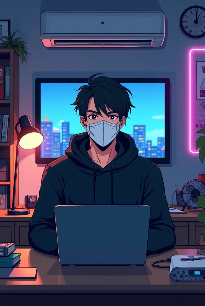 anime-friendly looking male business character, handsome and smart, good face wearing a white face mask, a black hoodie. Sitting behind his laptop in his office, arms on his desk. It is night. The room has volumetric neon lighting. Front-facing to the camera, looking straight and centered. Central portrait, audio mike on the desk and near his mouth. Face size about 1/3 of the image size. Sitting straight, front view, centered looking straight. The overall ambiance of the image should convey a connection to minimalism, flat illustration, bold line, minimalism, simplified, gouache illustration. 8K resolution.
Also, design a beautiful wall for a YouTube studio with a good blue light setup. It has a small bookshelf on the left-hand side with a few books and some tech gadgets on a table with a table lamp, fan, AC, and a TV 📺 with a big screen playing anime