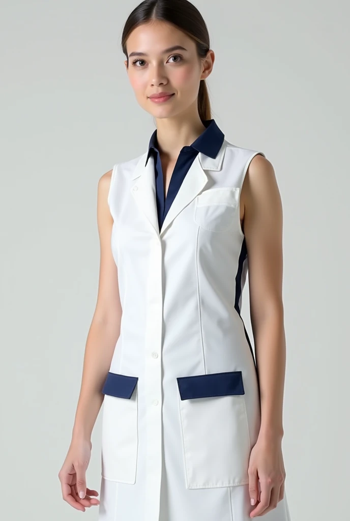 Short fitted sleeveless teacher smock in bright white, with navy blue details on the pockets. Closed at the front with a white zipper closure. With V neck