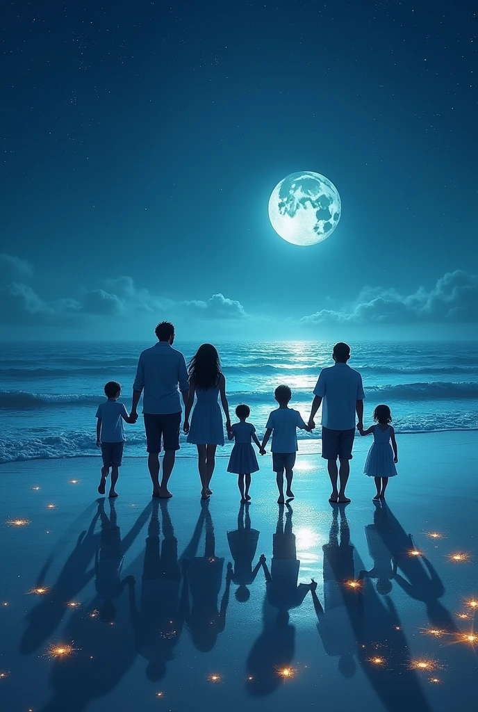 Family consisting of a father, a mother and two little girls ,in a white and shining suit ,coming out of a lagoon at night
