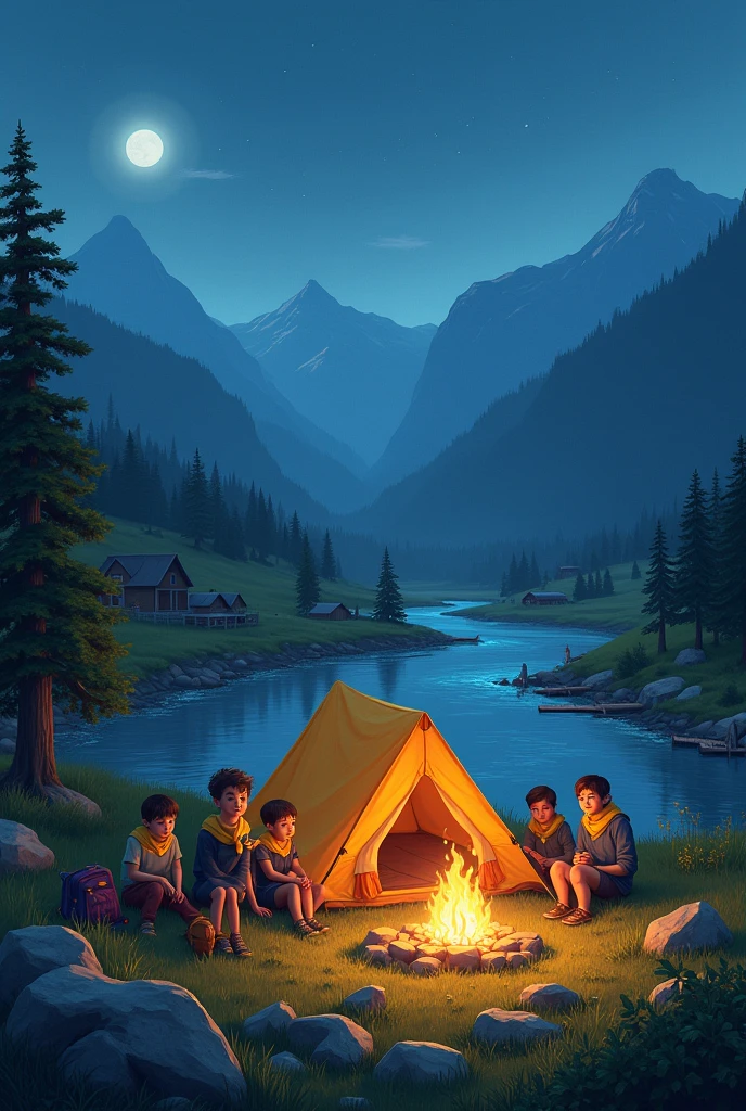 A camp with a tent with backpacks around it and a campfire in the mountains in a large field where you can see a part of the river with stones and alder trees, willows and docks around, with young people with their yellow scarf from the conquistadors club, with small and medium mountains, some farms at night
