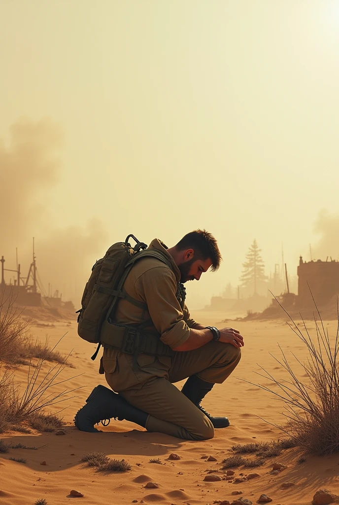A soldier kneels in grief, looking at a destroyed camp in the middle of the desert.