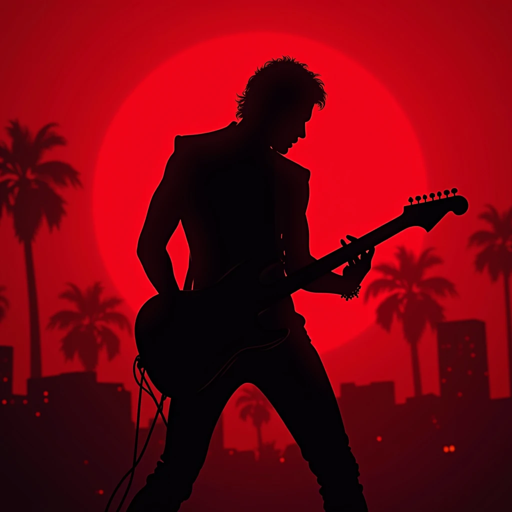 Black shadow of a rocker playing music, Vice City GTA, red background