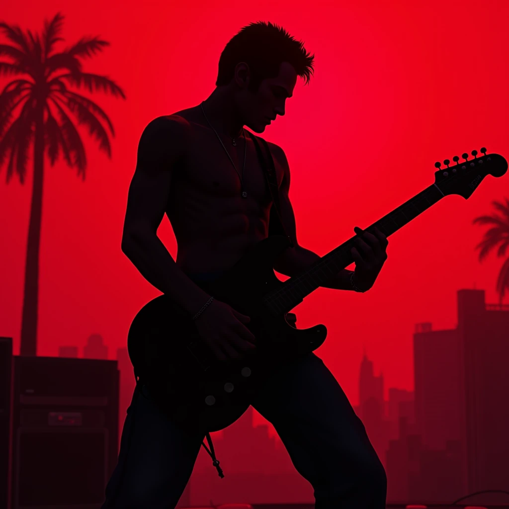 Black shadow of a rocker playing music, Vice City GTA, red background