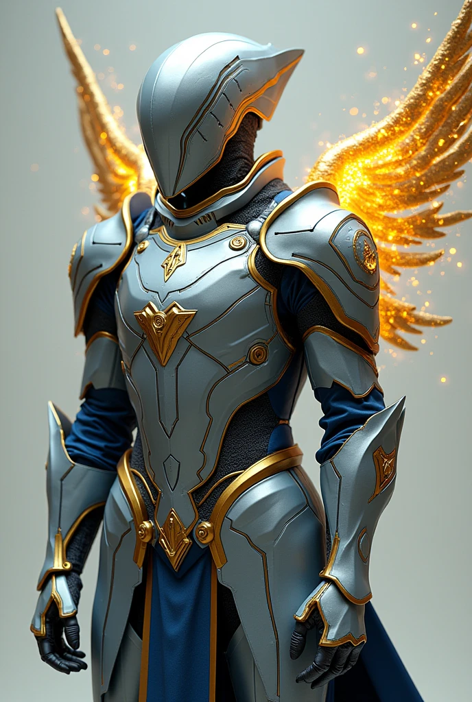 futuristic armor, cyber punk, medieval, gray with gold and blue details, highlighted, with a golden energy wing on the back, light armor, male, full body, 4k, work of art, realistic