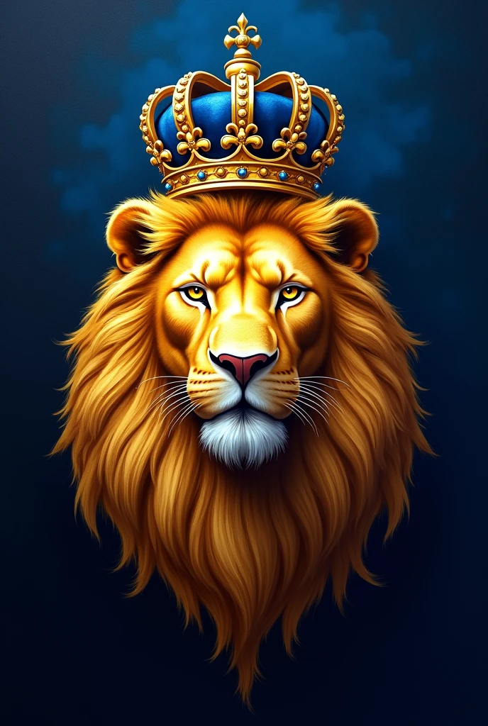Paint Golden lion face wearing a crown like a logo , dark blue background 