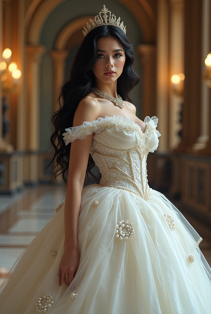 Girl with big black hair in big white princess dress at the Met Gale