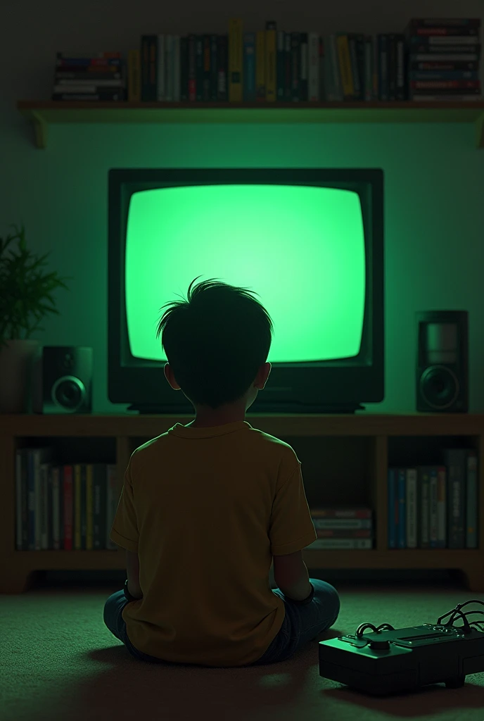  in a house in 2005 playing Playstation 2 in the living room on a tube television Image of him from behind looking at the TV, with the green tv screen. Add a little more detail to the shelf, such as CDs and games on top, also showing the controller in the boy&#39;s hand.
