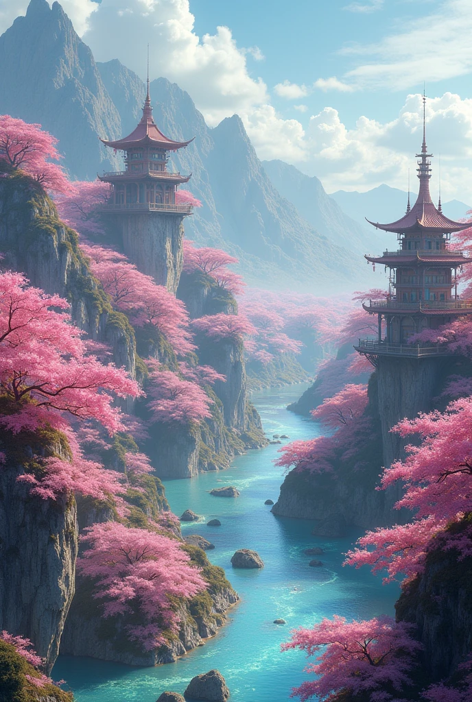 A vast and magical kingdom of the Sakurianas set in 8000 B.C. in China. The kingdom is located within a sprawling forest of Sakura trees, with petals constantly falling, creating an enchanting atmosphere. The trees are vibrant, with blossoms in various shades of pink. The architecture includes shimmering, translucent palaces elevated on platforms that overlook fields of Sakura. The structures are adorned with pink hues, reflecting the soft color of the Sakura flowers. Floating pathways made of glass connect different parts of the kingdom, allowing the Sakurianas to walk among the trees and over rivers filled with floating Sakura petals. The kingdom is protected by barriers formed from indestructible and poisonous Sakura petals that shimmer with a mystical glow. High observation towers covered with Sakura flowers serve as watchtowers, with vigilant Sakurianas ready to command the petals for defense. The landscape also features floating gardens full of different flowers and herbs, suspended above the kingdom, fed by the magical energy of the Sakurianas. Rivers of glowing Sakura petals flow through the kingdom, creating a serene and otherworldly ambiance. In the distance, majestic mountains frame the kingdom, adding to its natural beauty and sense of isolation from the outside world.