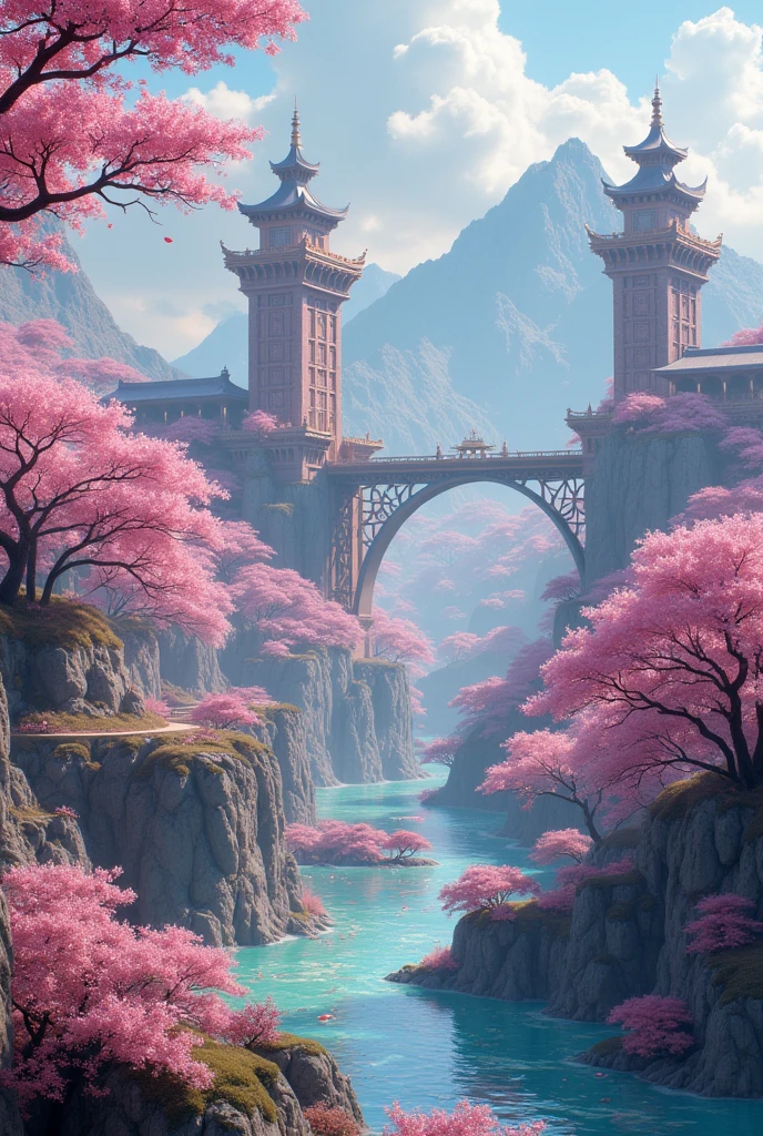 A vast and magical kingdom of the Sakurianas set in 8000 B.C. in China. The kingdom is located within a sprawling forest of Sakura trees, with petals constantly falling, creating an enchanting atmosphere. The trees are vibrant, with blossoms in various shades of pink. The architecture includes shimmering, translucent palaces elevated on platforms that overlook fields of Sakura. The structures are adorned with pink hues, reflecting the soft color of the Sakura flowers. Floating pathways made of glass connect different parts of the kingdom, allowing the Sakurianas to walk among the trees and over rivers filled with floating Sakura petals. The kingdom is protected by barriers formed from indestructible and poisonous Sakura petals that shimmer with a mystical glow. High observation towers covered with Sakura flowers serve as watchtowers, with vigilant Sakurianas ready to command the petals for defense. The landscape also features floating gardens full of different flowers and herbs, suspended above the kingdom, fed by the magical energy of the Sakurianas. Rivers of glowing Sakura petals flow through the kingdom, creating a serene and otherworldly ambiance. In the distance, majestic mountains frame the kingdom, adding to its natural beauty and sense of isolation from the outside world.
