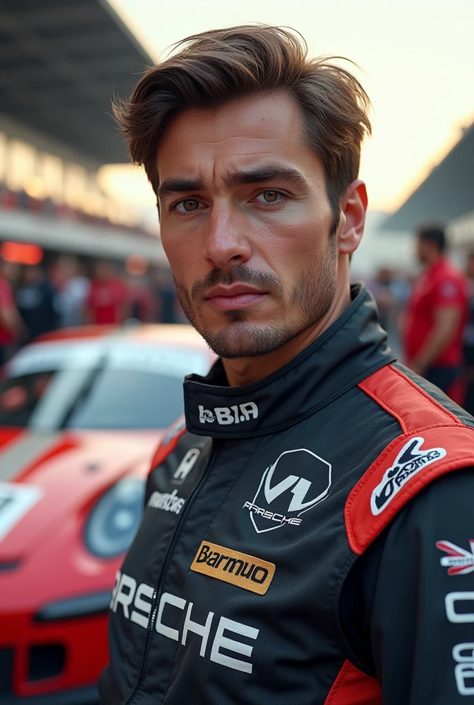 (Photorealism:1.2), Porsche Cup male driver with brown hair and eyes in front of the pitlane 8k ultra realistic