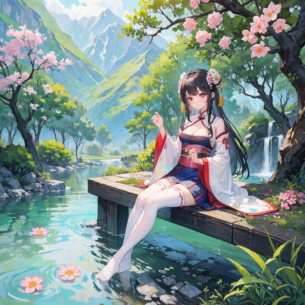 hanfu, 1girl, medium breasts, cleavage, mountain, soaking feet, sitting, Chinese park background,white thighhighs,Clear water,(feet:1.3), too many flowers,  