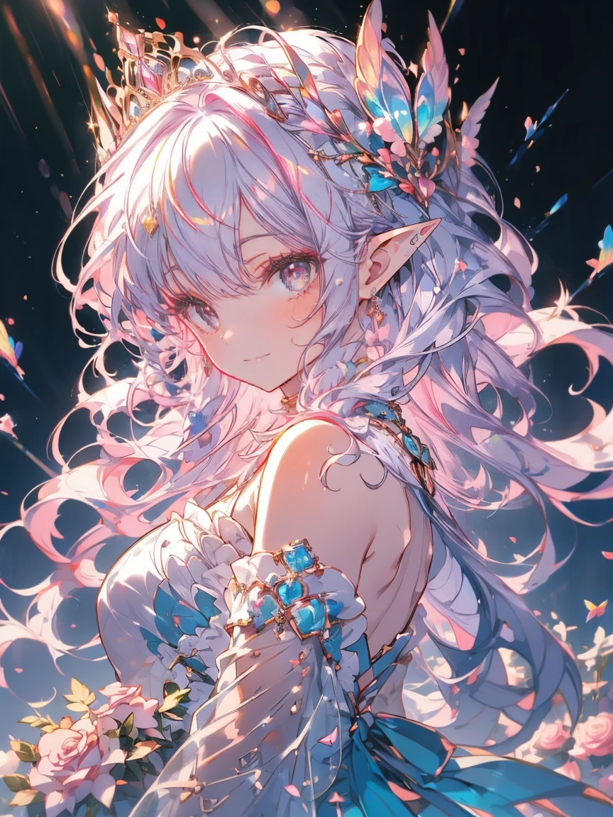 ((((((Stickers, Background white)))))),((superwide shot,Ultra-wide field of view,whole body)),,Highest quality, Very detailed, beautiful, Exquisite, 16K, Full HD, Absurd,White Background,((Upper Body,Half-body photo)),((smile,Happy:1.5)),((Sparkling fluffy layered ball gown)), (Grab the hem of your dress and bow slightly.),Lots of flowers,((Surrounded by roses)),ruffles and rhinestones, ( Tabletop, Art Station, Fantasy art:1.2), 優雅なsmileで佇む,pastel colour、White skin,Gradient Hair, Pink Hair, Hair blowing in the wind, Wavy Hair,Fluffy hair,tiara,Lavender eyes, Long eyelashes, beautiful eyes、Light pink cheeks,Pointed Ears, Bright Eyes,Dazzling Light, Warm lighting,