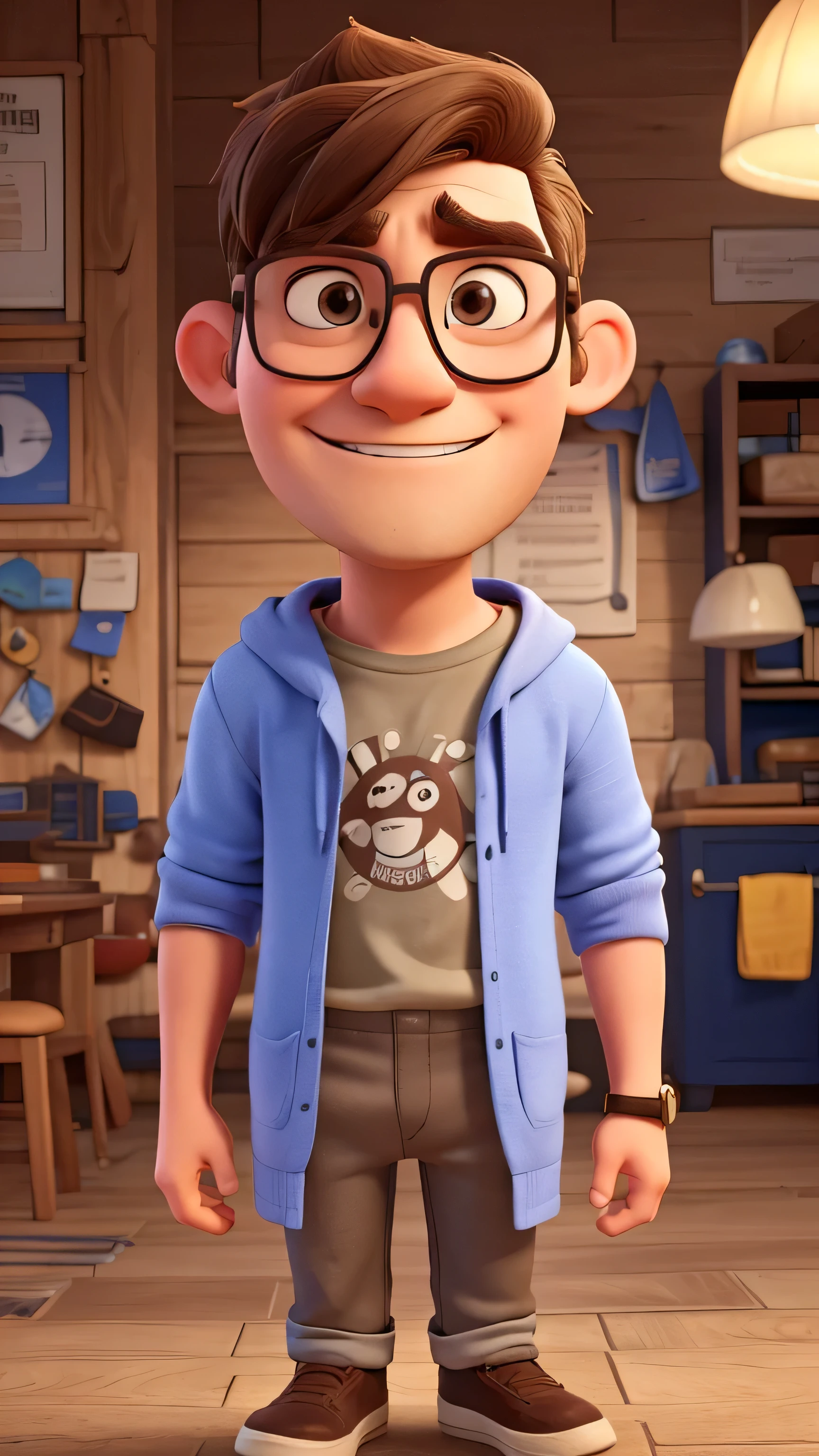 Generate a character design for a young adult male named 'Chuck the Overthinker.' Chuck is slightly nerdy and often overthinks everything. He has a quirky, laid-back style, wearing casual, slightly messy clothes like a t-shirt, hoodie, and pajama pants, along with fun, colorful socks. He might wear large glasses that give him a thoughtful yet confused look. Chuck has a friendly, approachable face, with exaggerated facial expressions, such as furrowed brows or raised eyebrows, to convey his constant state of over-analysis. Add a signature accessory, like a hat with a funny phrase, or a simple item like a coffee mug that says ‘Overthinking in Progress.’ The overall tone should be humorous and relatable, capturing Chuck’s endearing, slightly awkward personality.