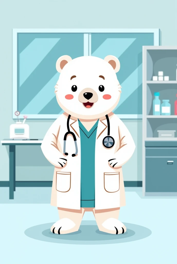 I want an infographic for rational use of medicines in a hospital, a short image to place 3 lines of information, I just want a picture of a polar bear that represents the rational use of medicines, I want the polar bear with a doctor's gown and uniform and in a cartoon style, something like a mascot of the pharmacovigilance program