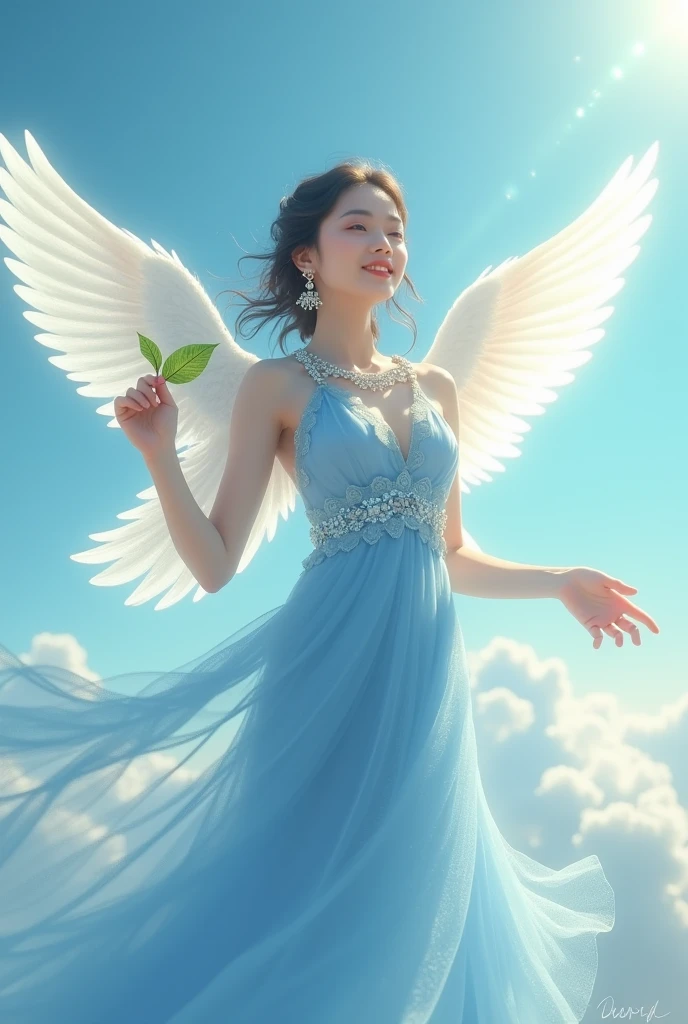 An angel in a blue dress, Asian face, wearing modern jewelry, smiling beautifully, with wings, floating in the sky, holding a leaf in her hand.