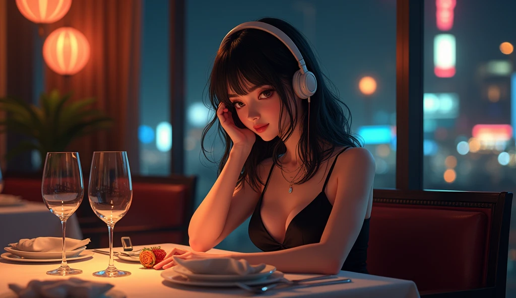 Perfect image, 8k, night、Dinner in a fancy restaurant、Female college student、Big Breasts、Dress code、 Using headphones、 2D-style animation, Lo-Fi、Retro、Anime style illustrations