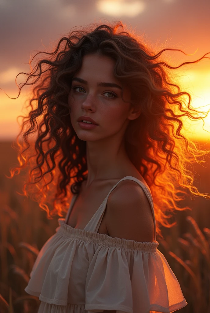 curly woman with hair blowing in the wind on a sunset
