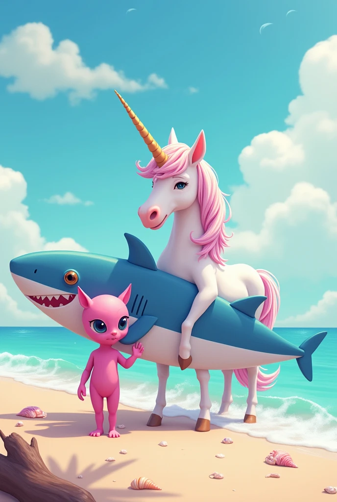 A unicorn dad with a surfboard which is a shark with his pink alien friend