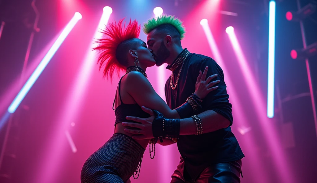 2 defiant DJs kissing with a neon led lit fishnet shirt and plaid micro skirt, combining punk's confrontational attitude with starpower. The ensemble is completed with a studded collar, safety pin jewelry, and high platform boots. A spectacular neon coloed mohawk crowns her head, catching the strobe lights