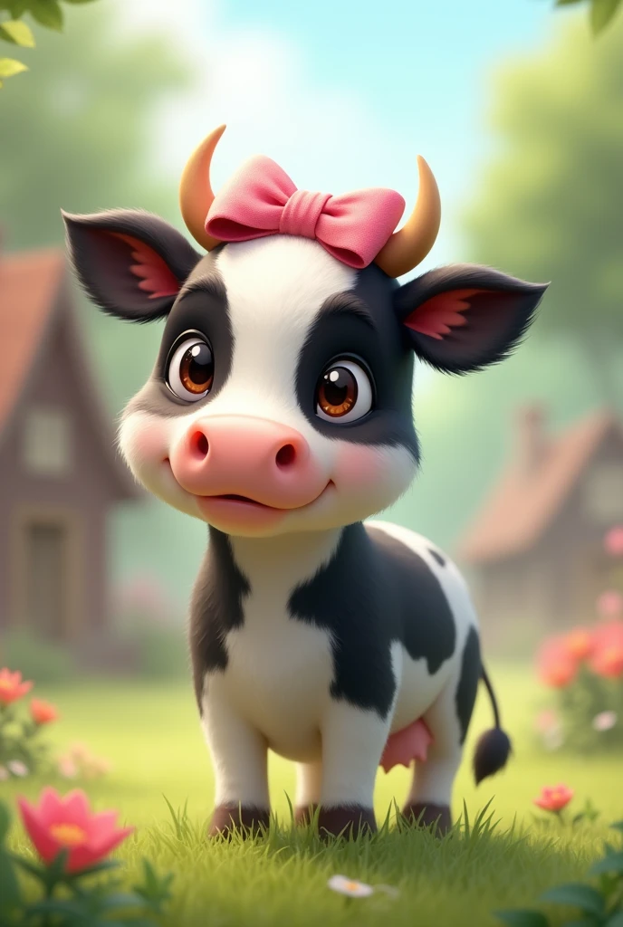 Hornless cow, black and white with pink bow on head 