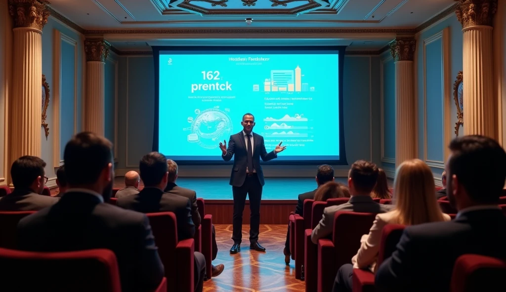 A high-resolution image capturing a startup founder presenting their business idea to a group of investors, men and women of different nationalities in a large auditorium. The presenter is on stage presenting the project, with a slideshow on a large screen behind them, showing financial projections and product features. The investors are engaged, with one of them taking notes.
