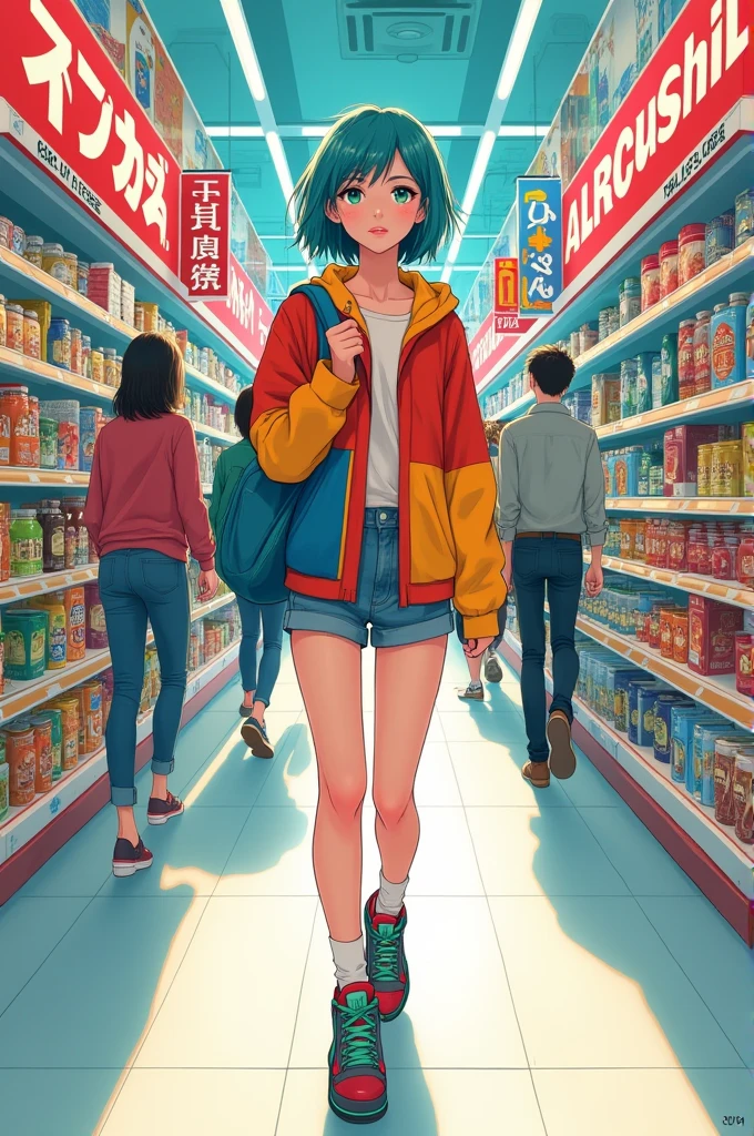 A female Japanese manga character walking down the aisles of a store