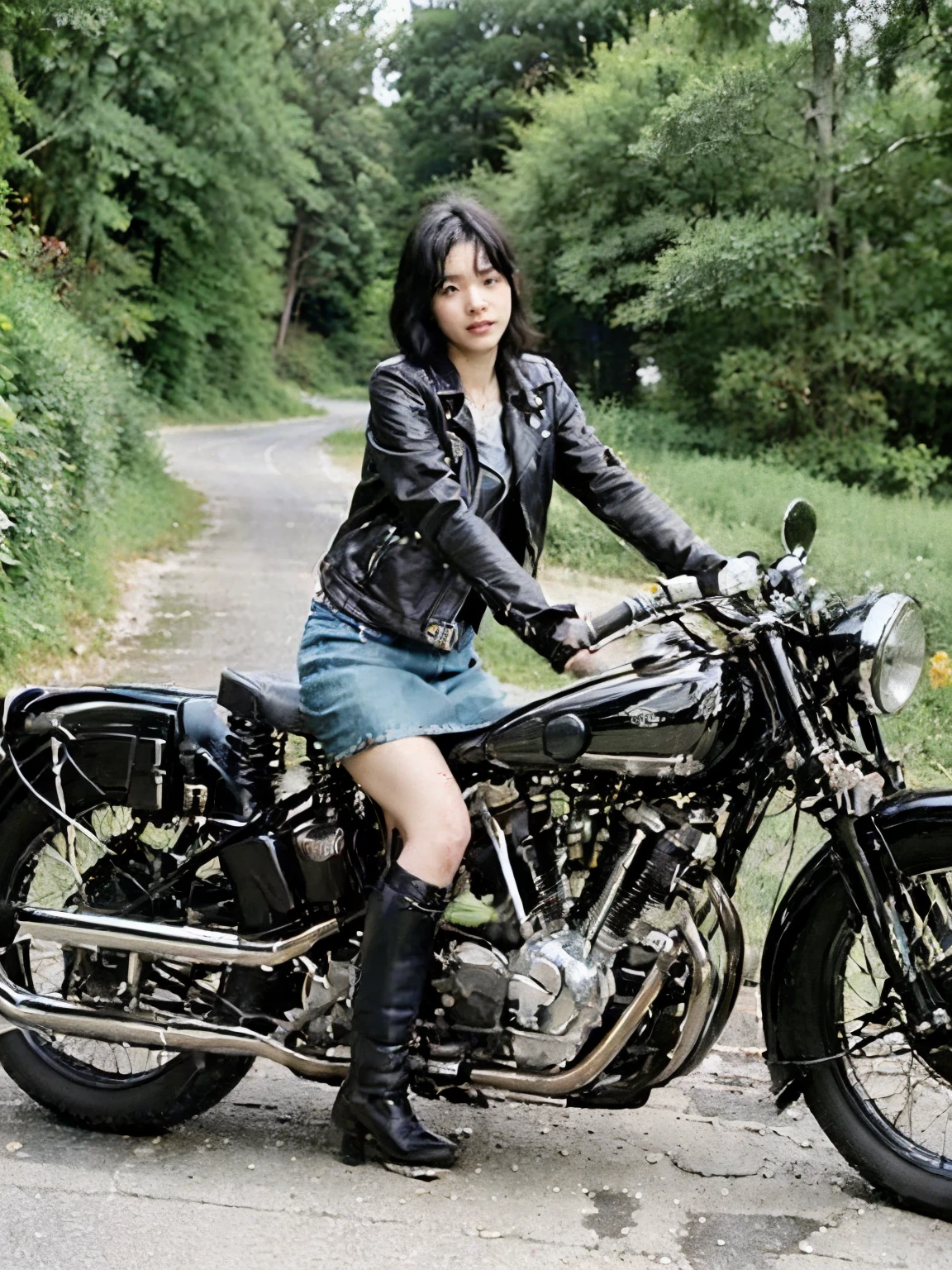 (Ride a classic motorcycle:1.2 )、(Vintage Bikes、Bluff Superior SS100)、Beautiful young Japanese woman、Beautiful Face, Black Hair, Short Bob Hair, Red classic leather jacket、(Accurate bike shape)、Photograph the entire bike、(The balance between people and bike size is our number one priority:1.2)、After the Rain、English countryside、 Coastal road with ocean view、Blur the background、Motion Blur、Photorealistic、(Highest quality, masterpiece, High resolution)、8k、wallpaper、