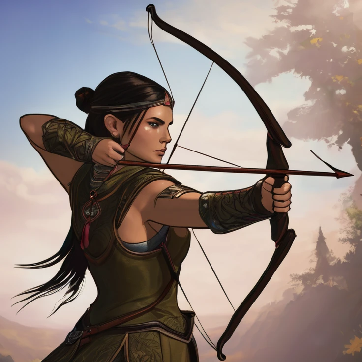 Fantasy female archer facing right with bow drawn