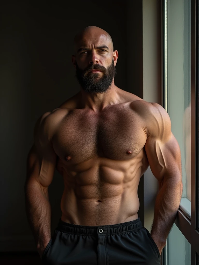 a bald man with a beard,strong and hairy,shirtless,wearing jeans,leaning against a wall,posed for a photo,sexy,gay man,hyperrealistic,cinematic lighting,chiaroscuro,dramatic shadows,highly detailed,photorealistic,8k,masterpiece